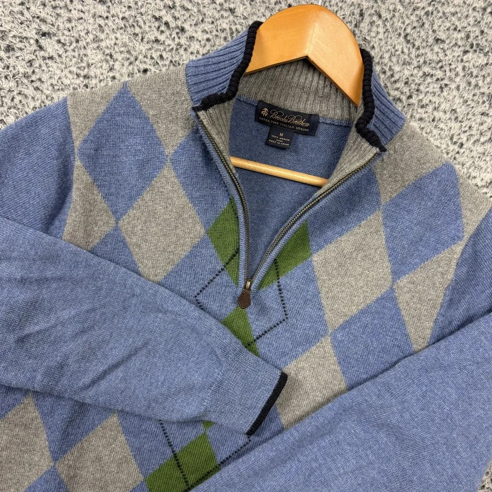 Brooks Brothers Sweater Mens Medium Blue Argyle 1/4 Zip Mock Neck Merino Knit